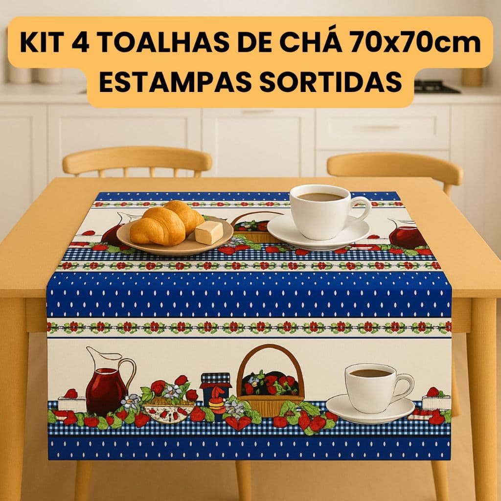 Kit 4 Toalhas de Chá Lanche Cafè Medida 70 cm x 70 cm para Fogão Micro-ondas Caminho de Mesa Estampas Variadas