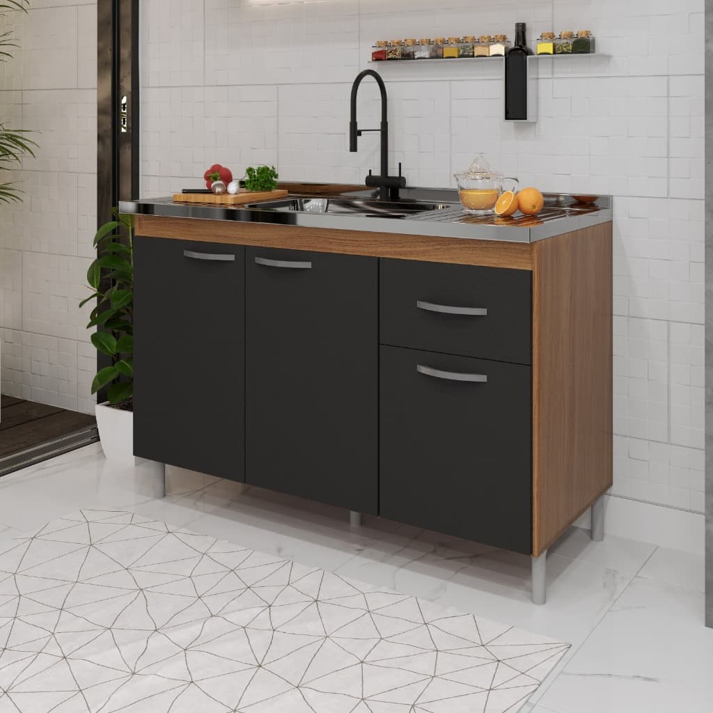 Balcão de Cozinha Pia de 120cm Sem Tampo Suiça POP SHARK MOVEIS 3 Portas 1 Gaveta
