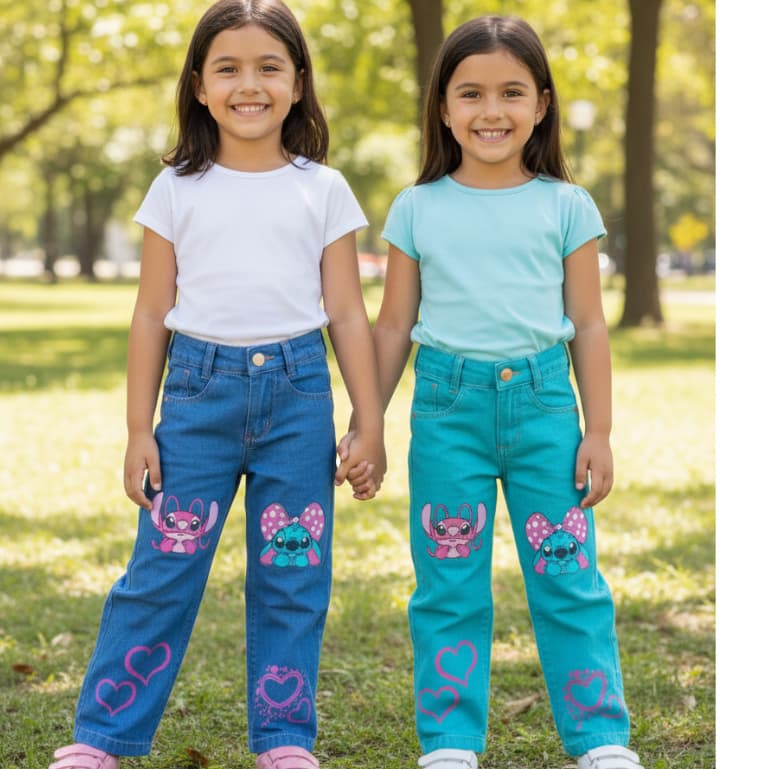 Calça Jeans wide leg Pantalona Menina Infantil Lilo Stitch / Juvenil - 4 ao 8