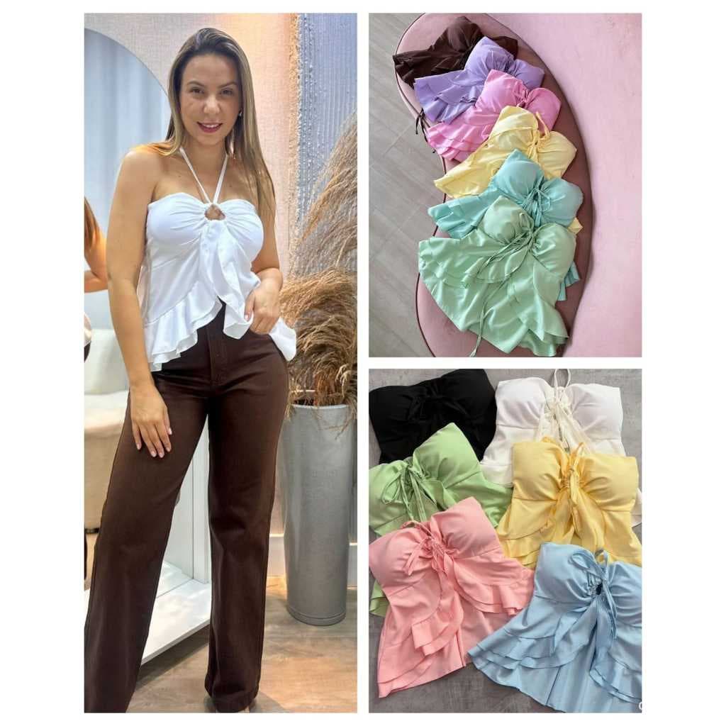 Blusinha Cropped Babado Amarracao no Pescoco Elegante