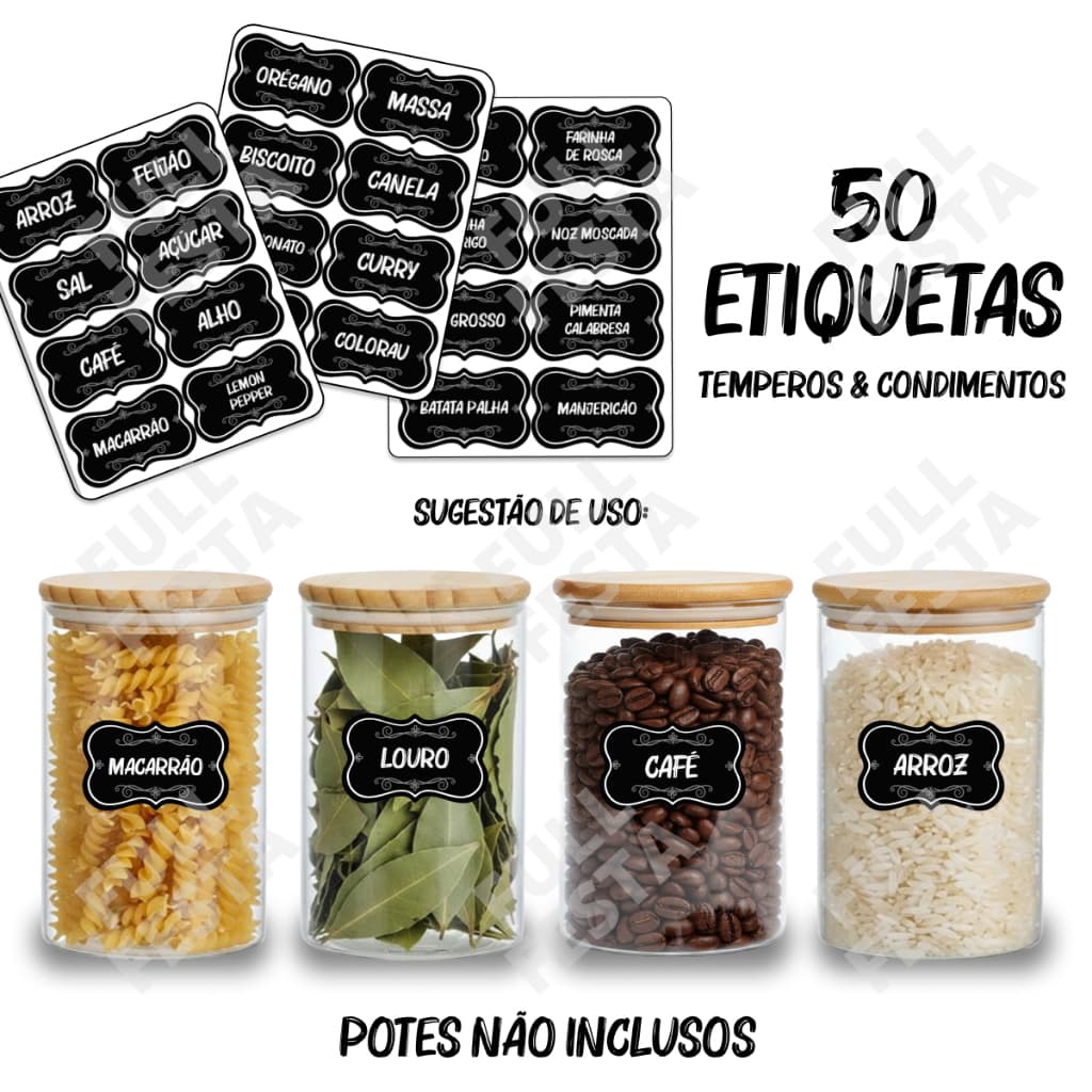 50 Etiquetas Escritas para Temperos Mantimentos - Organizadores de Potes - Adesivos 5x3cm