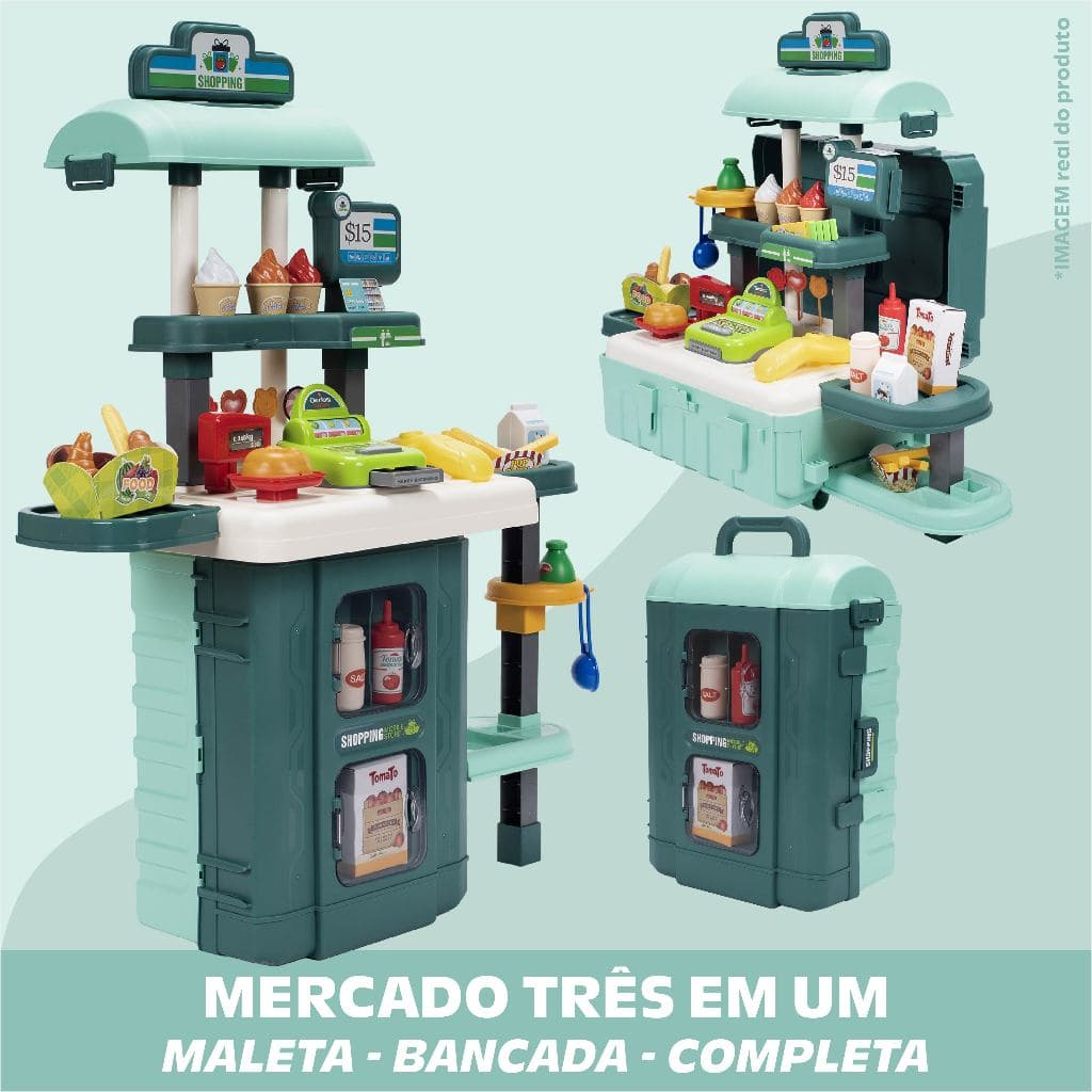 Brinquedo Infantil Bancada Supermercado Completo Acessórios Funcionais Comidinhas Caixa Eletrônico