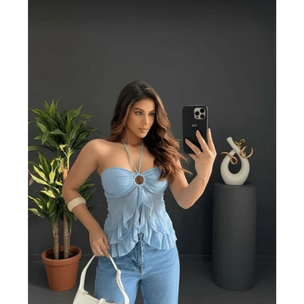 Blusinha Feminina Bata Tule Argola Com Bojo Babados Amarração Ajustável Boho Chique Casual Elegante Tendencia Moda Verão