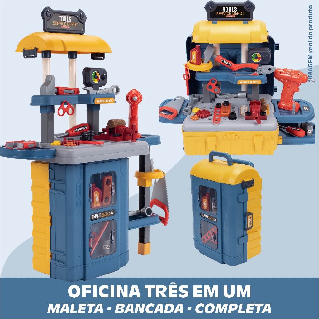 Brinquedo Kit Oficina Ferramentas Infantil Parafusadeira Martelo Maleta Bancada Portátil Engenheiro