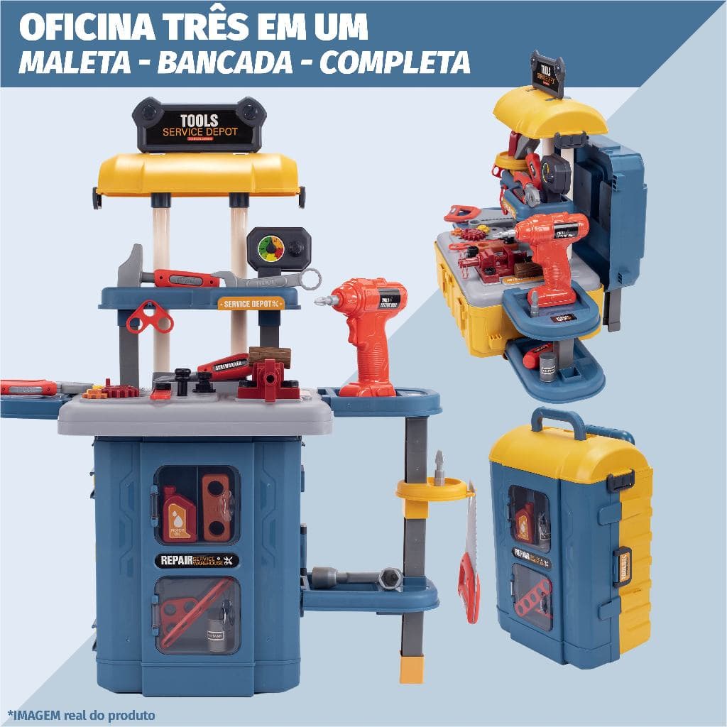 Maleta Bancada Infantil Portátil Ferramentas Parafusadeira Funcional Construir Oficina Criativa