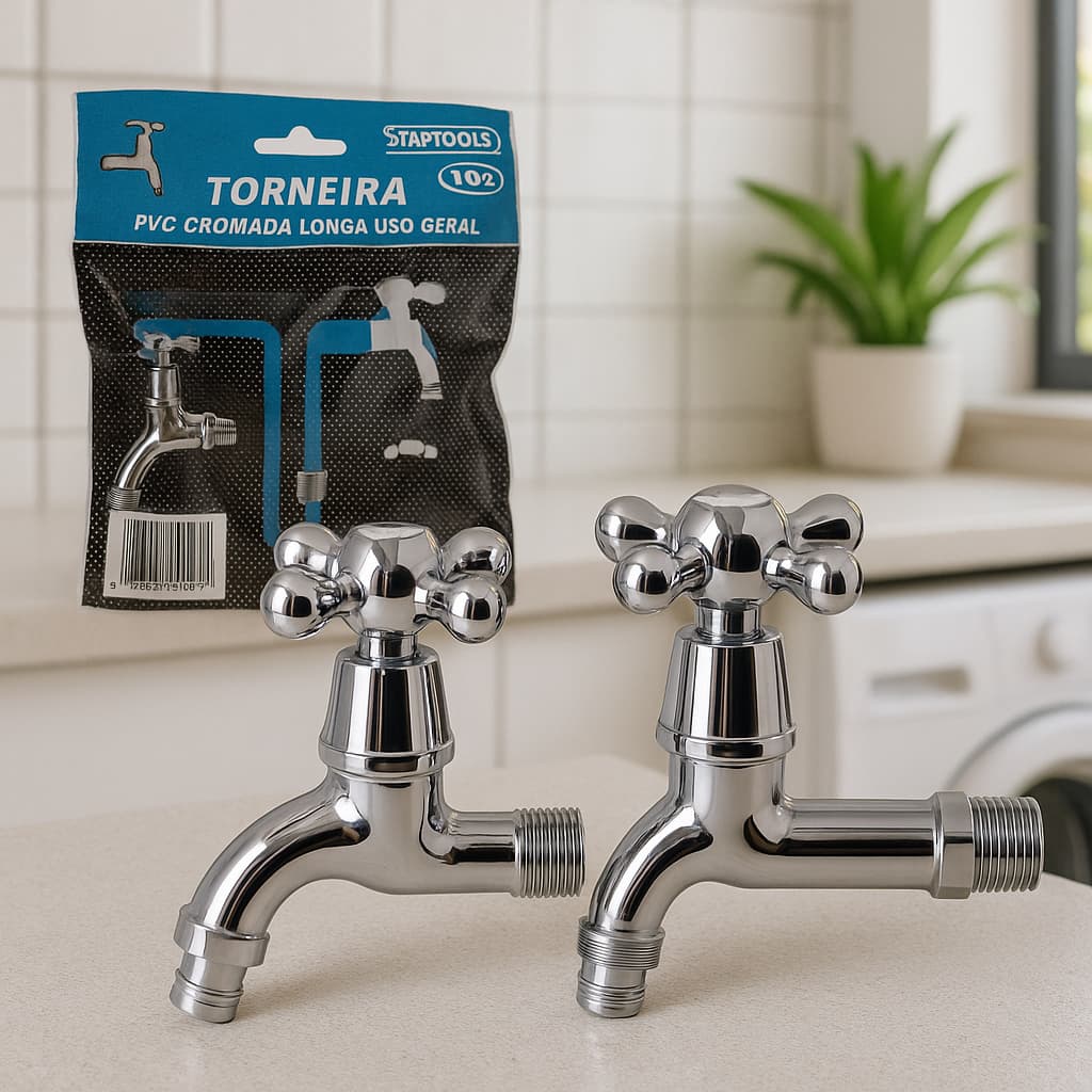 Torneira Cromada PVC 1/2 Tanque Jardim Parede Lavanderia Quintal Plástica Reforçada Bica Curta Longa
