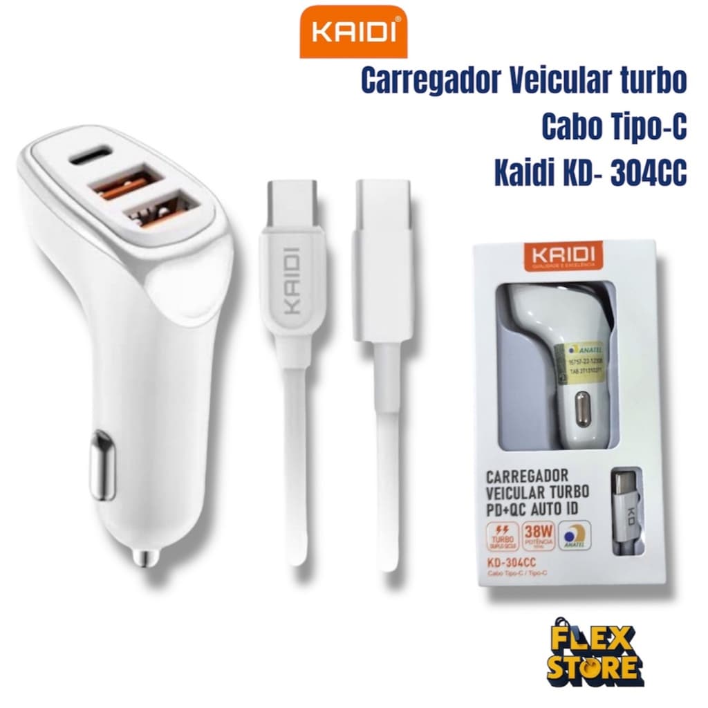 Carregador Veicular Fonte turbo com 3 Saídas e Cabo de 1m Tipo C Kaidi KD-304CC