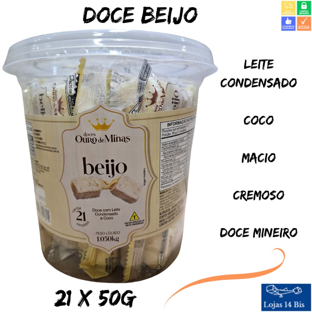Doce Beijo Cremoso Ouro De Minas Leite Condensado e Coco Pote Com 21 Unidades de 50g