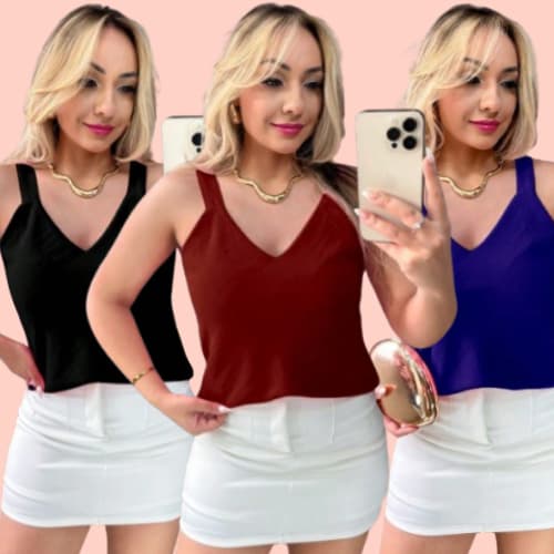 Kit 3 Regatas Alça Larga Elegante Moda Verão Inverno Blusinha Básica Soltinha Tecido Duna Decote V