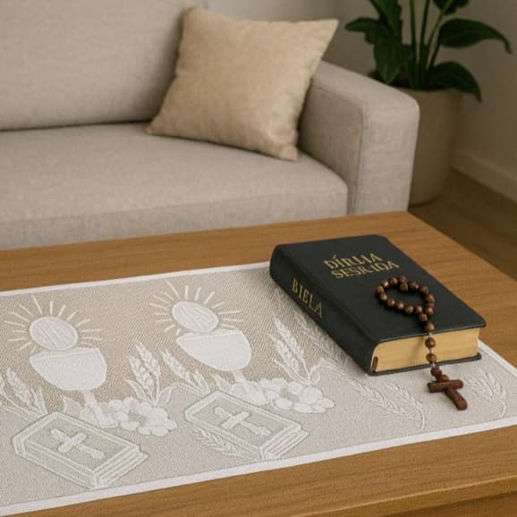 Trilho Caminho de Mesa Litúrgico Renda Branca Religioso Estampa Bíblia Sagrada Divina Paz Provérbios Eucaristia Presépio