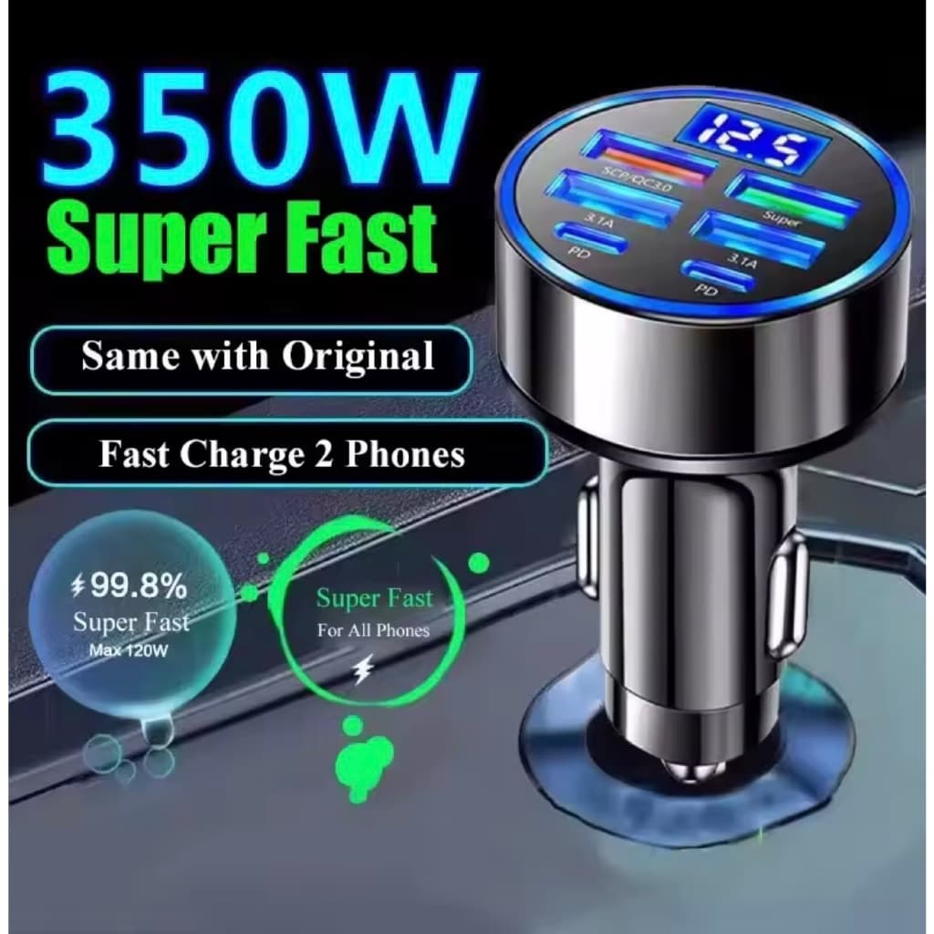 Carregador Turbo USB Tipo C 350W 6 Portas Veicular Automotivo Carro Carregamento Rápido Para Celular