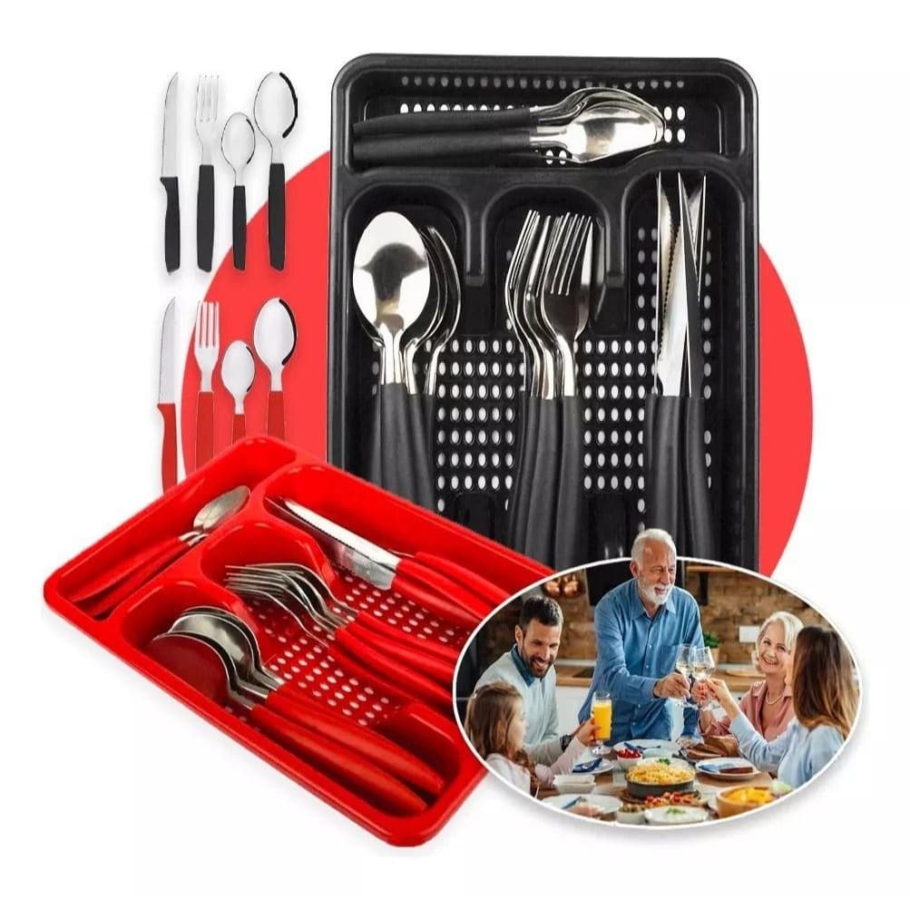 Kit Jogo Conjunto Faqueiro com Porta Talher Cabo de Plástico Aço Inox Suporte Gaveteiro - 17 peças