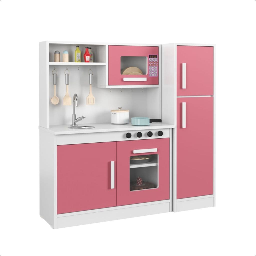 Kit Mini Cozinha Infantil Com Geladeira Encanto Lançamento Luxo Cor: Branco/Rosa