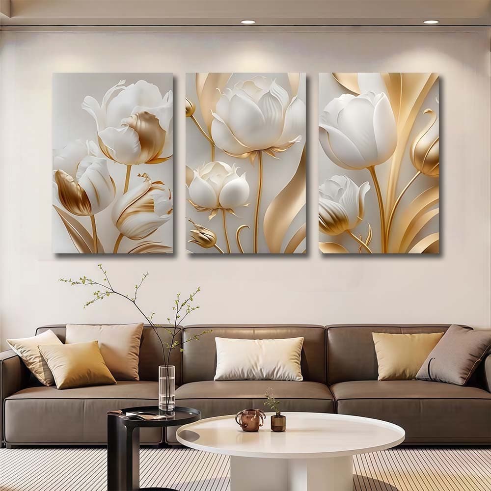 ​​Quadro Decorativo Sala 3 Peças Tulipa Dourada e Branca Mosaico Metal Quarto Escritório Moderno