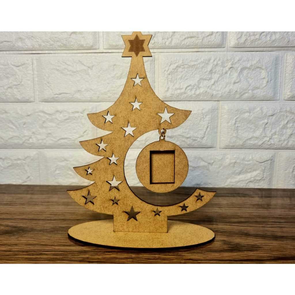 Trio Árvore De Natal Decoração Mesa com Porta Foto Mdf Cru
