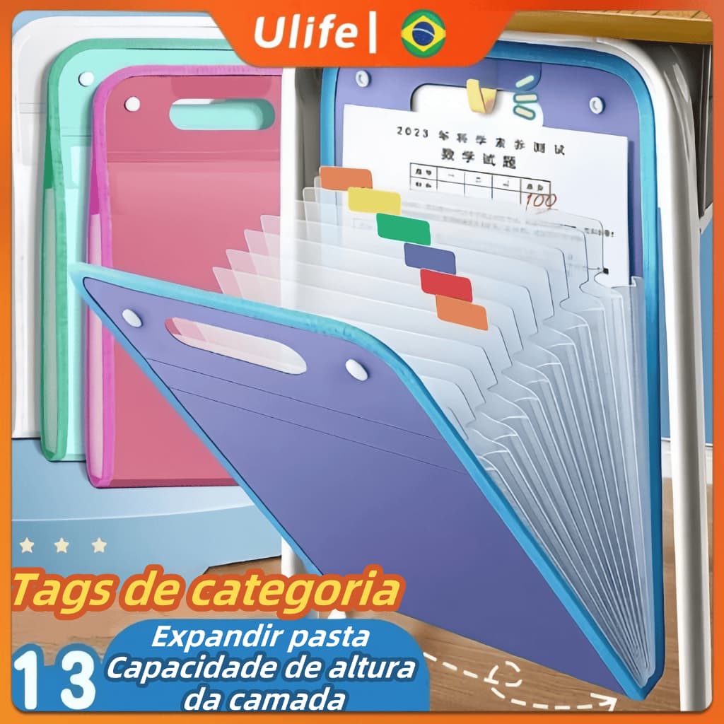 Pasta de Arquivo A4 com 13 Divisórias e Organizadora para Material Escolar
