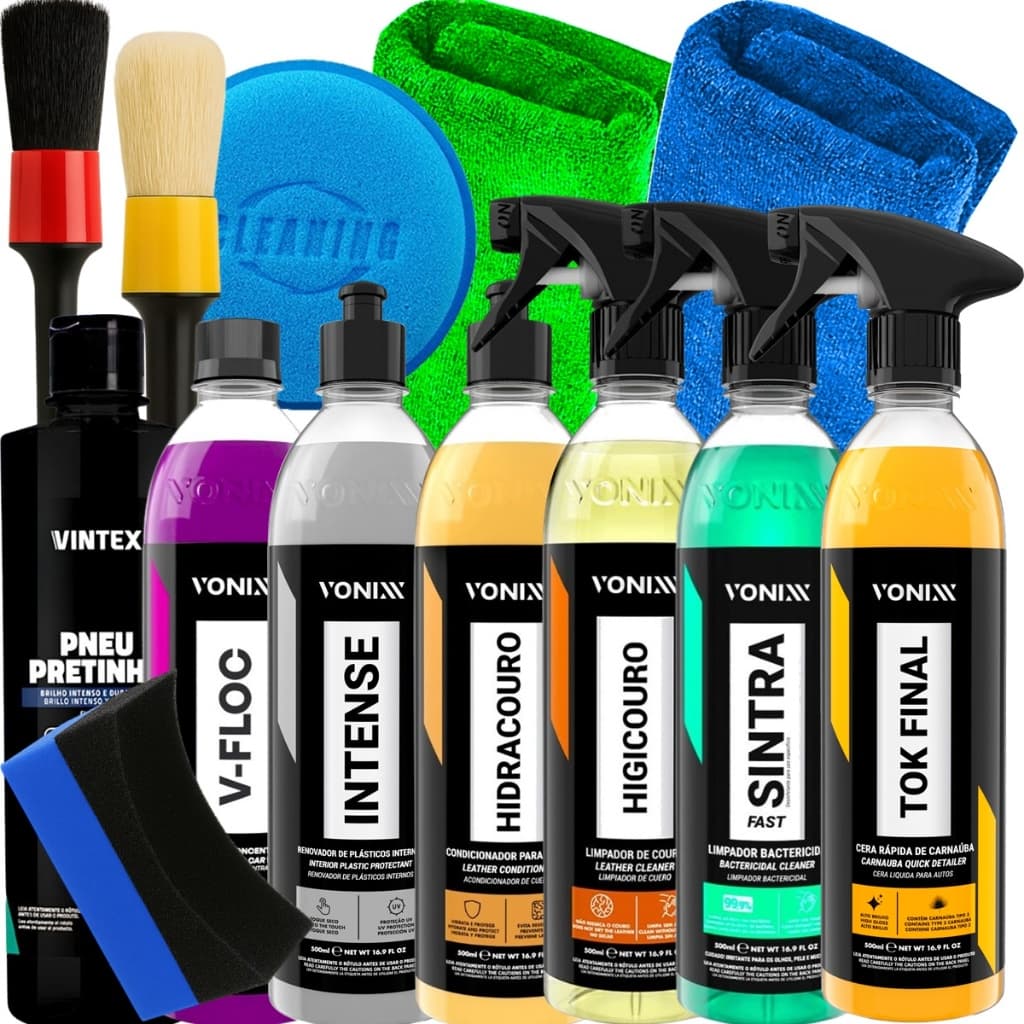 Kit Completo Vonixx para Lavagem Automotiva Cera Tok Final Sintra V-Floc Intense Higicouro Hidracouro Pneu Pretinho