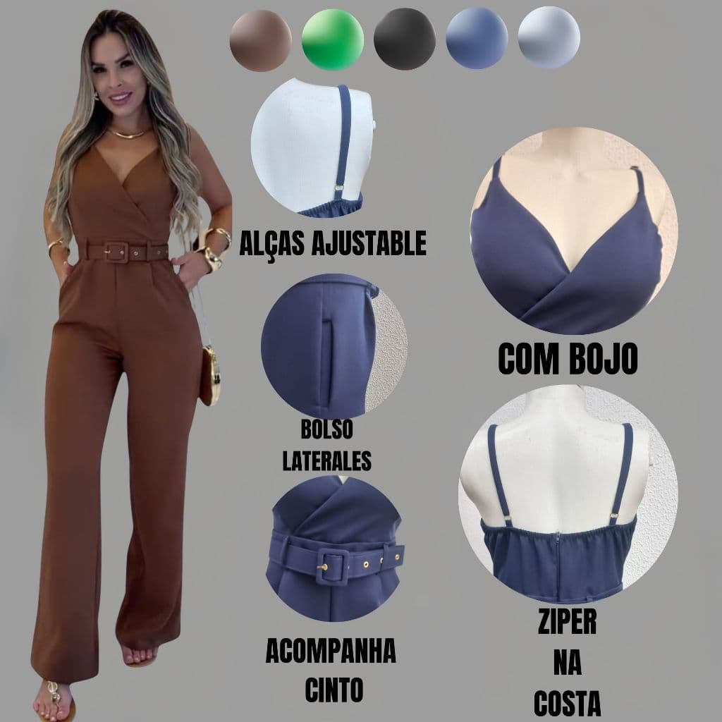 Macacão Feminino Social Longo Elegante com Cinto Incluso  Alças Ajustáveis