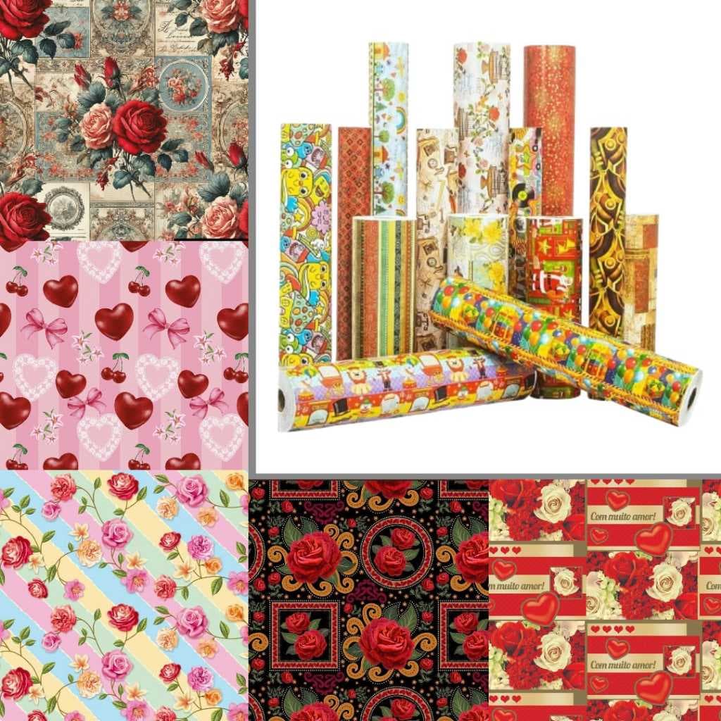 Papel De Presente Neutro Feminino Masculino Romântica Floral Bobina Couchê 40cm X 100m