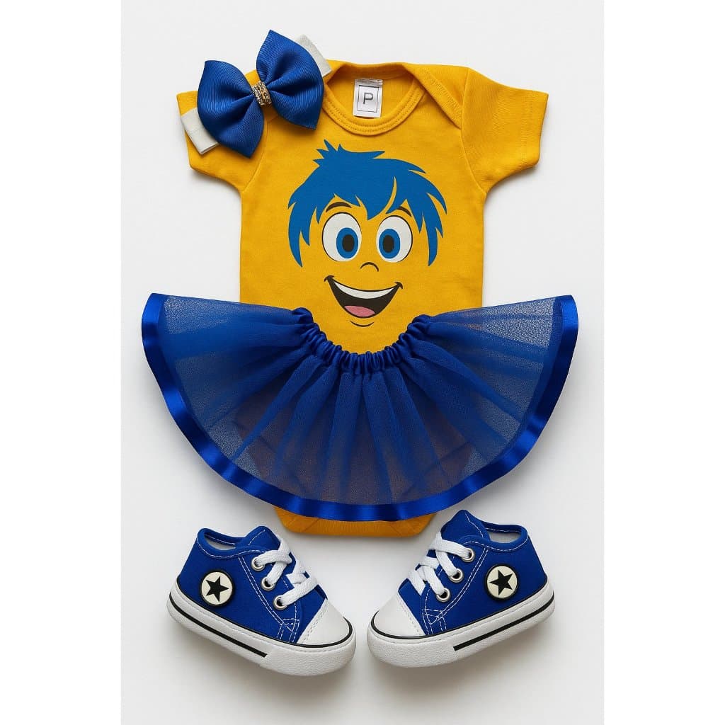 Fantasia Divertidamente Body Bebê Mesversário Alegria Tule Laço e Tênis