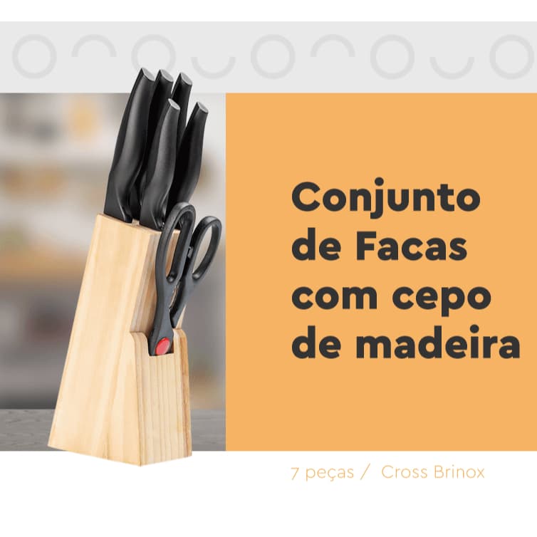 Conjunto de Facas Brinox Cross 7 Peças Aço Inox com Cepo - Preto
