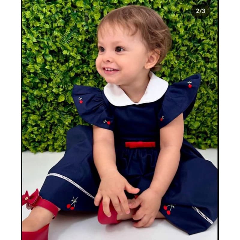 vestido bordado a mão cereja azul marinho infantil aniversário festa