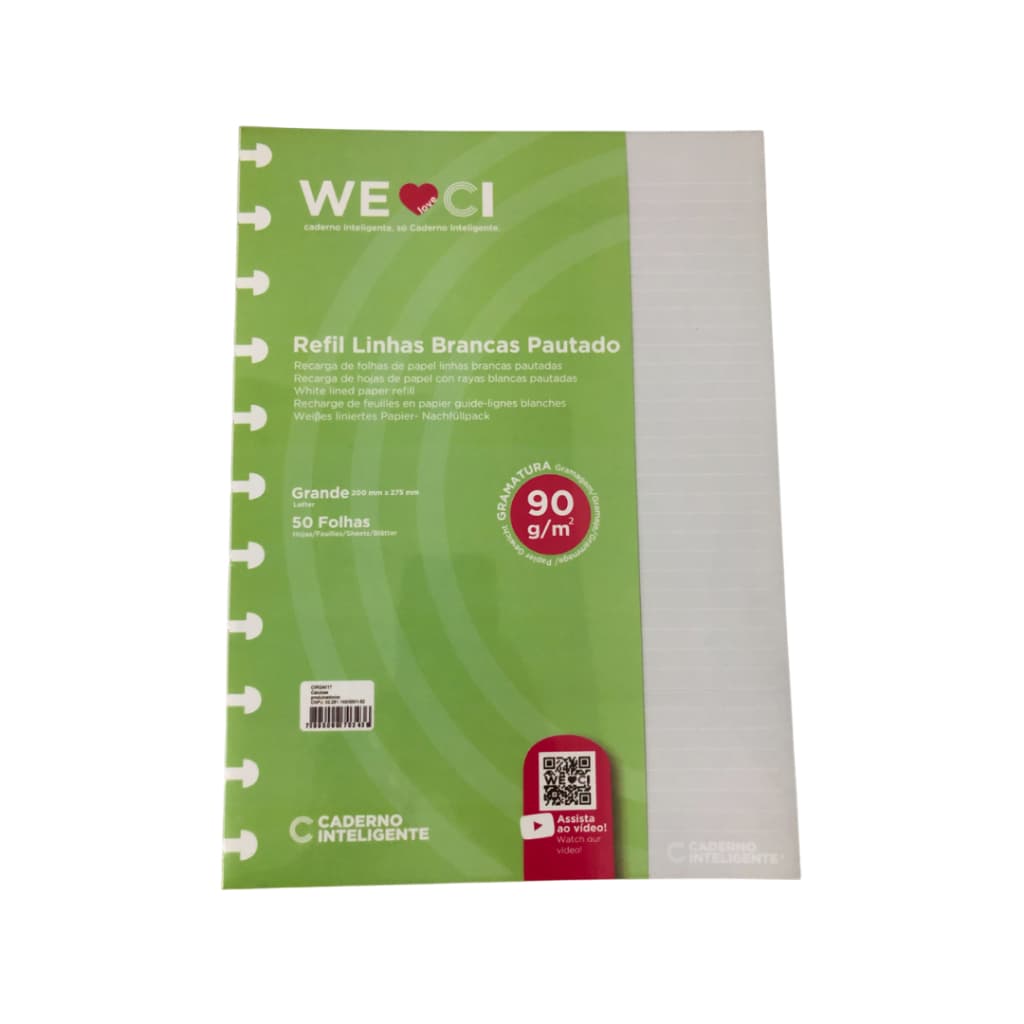 Refil Pautado Linhas Brancas Caderno Inteligente Grande 90g 11 Discos Furos A4 Universitário