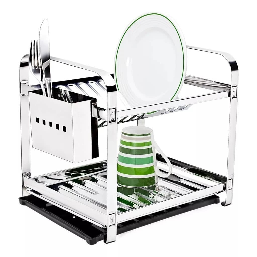 Escorredor 12 Pratos Em Aço Inox Com Porta Talheres Inox (Com Bandeja )Coletora Água Preto