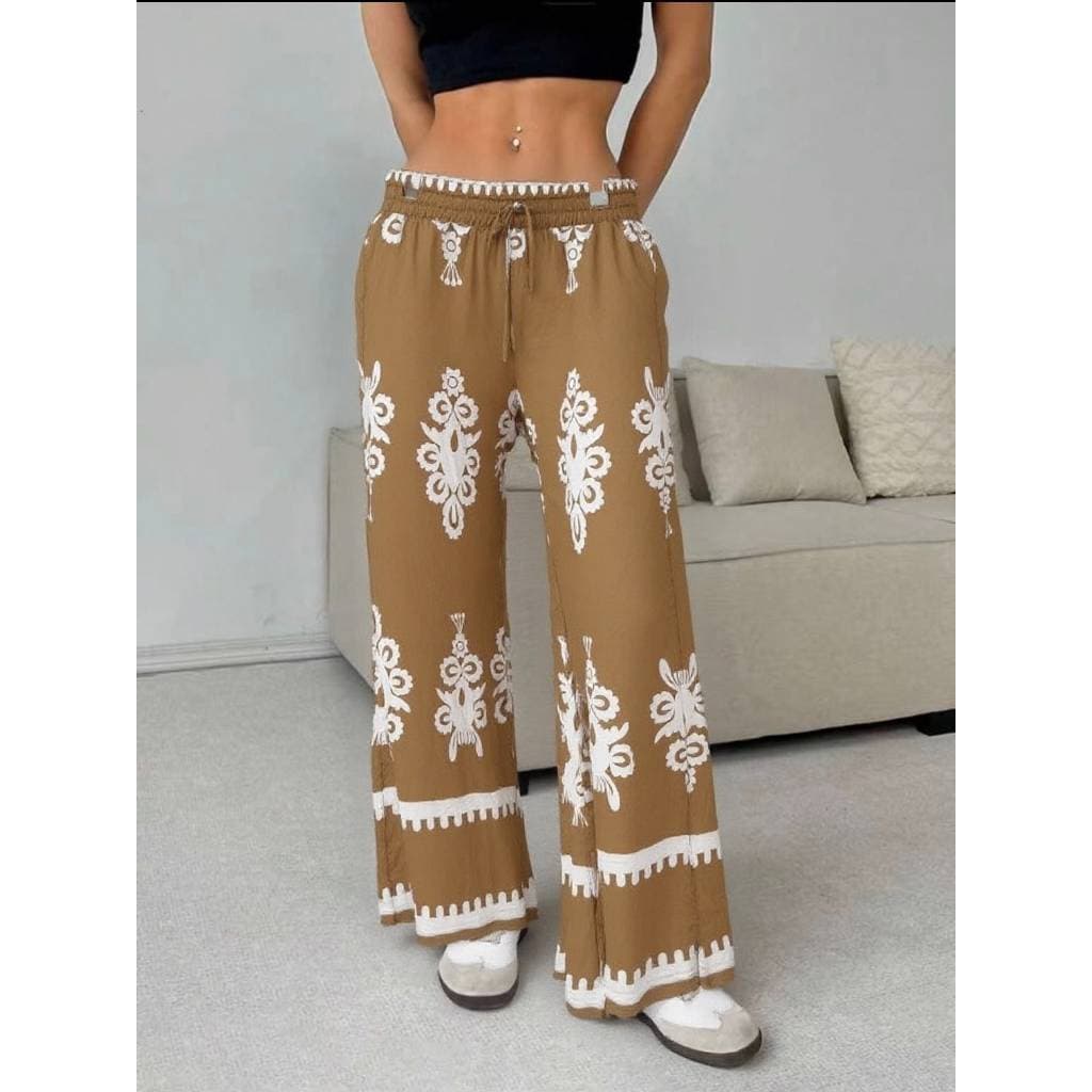 Calças Femininas De Perna Larga Com Estampa Calça Verão Feminina Calça Boho Praia Estampa total Floral Plantas Bolso Bot