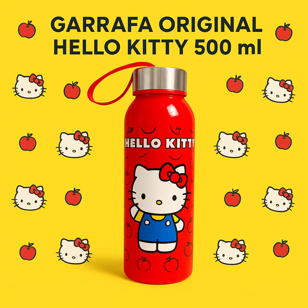 Garrafa Infantil Hello Kitty Original 500ml Plástico Tampa Inox Squeeze para Criança Escola Passeio