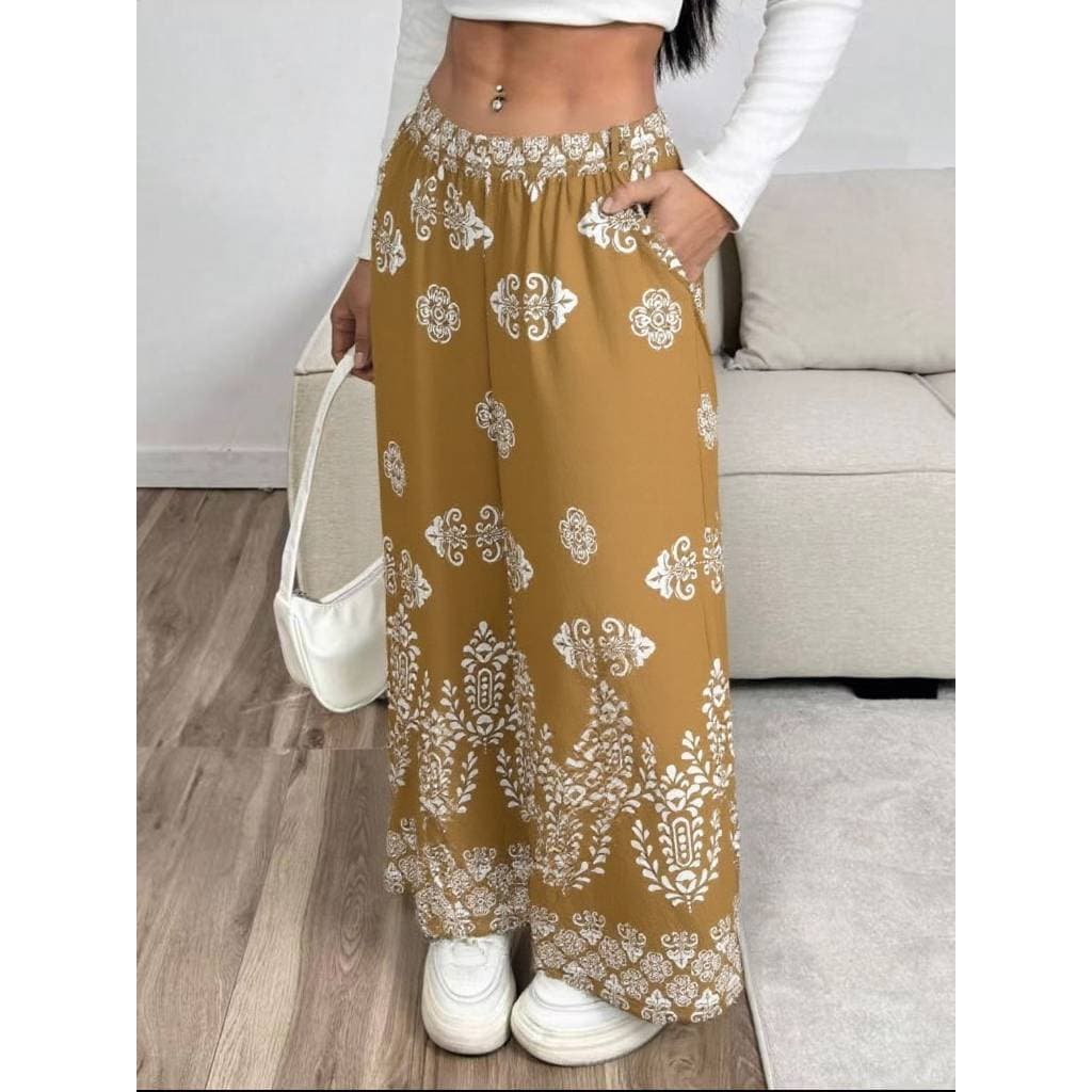 Calças Femininas De Perna Larga Com Estampa Calça Verão Feminina Calça Boho Praia Estampa total Floral Plantas Bolso Bot
