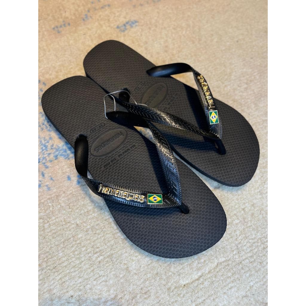 Havaianas Preta Top Logo Dourado Original Pingente Personalizada Bandeira Ponto Luz Trevo Olho Grego