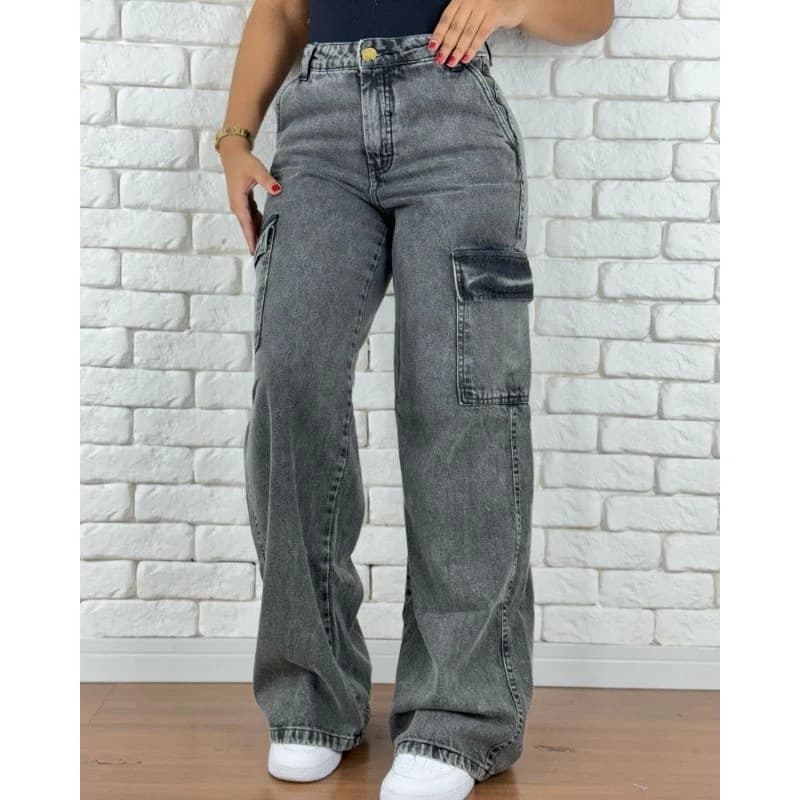 Calça Jeans Feminina Cargo Cintura Alta Larga Premium Grafite Modela Levanta Bumbum