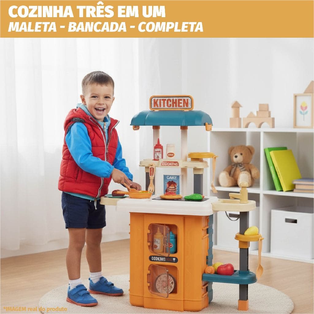 Brinquedo Mala Cozinha Infantil Acessórios Realistas Comidinha Panelinha Fogão Luz Som Pia Sai Água