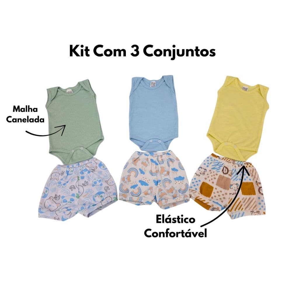 Conjunto Body Regata e Short Bebê MENINO MENINA Kit Com 3 Conjuntos Malha Canelada