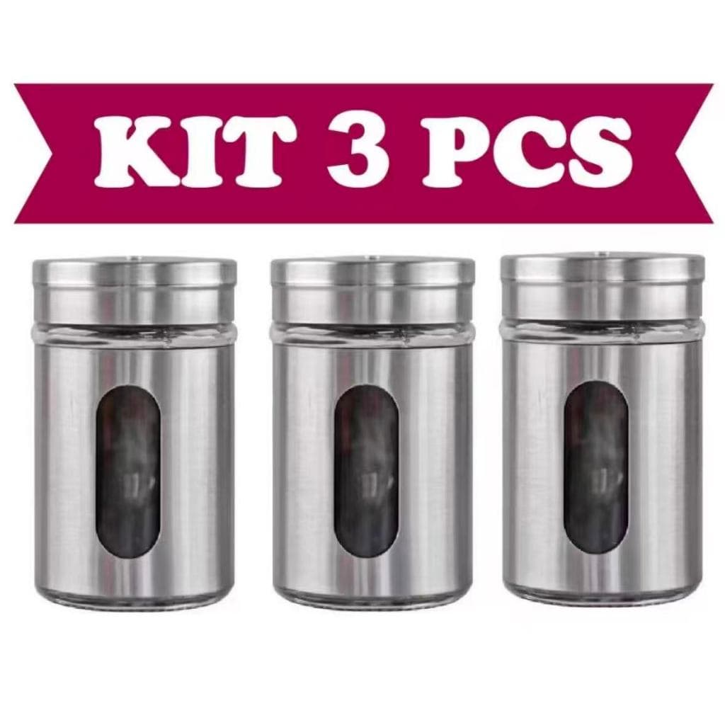 Kit 3 Saleiro Pimenteiro Porta Condimentos Vidro Aço Inox