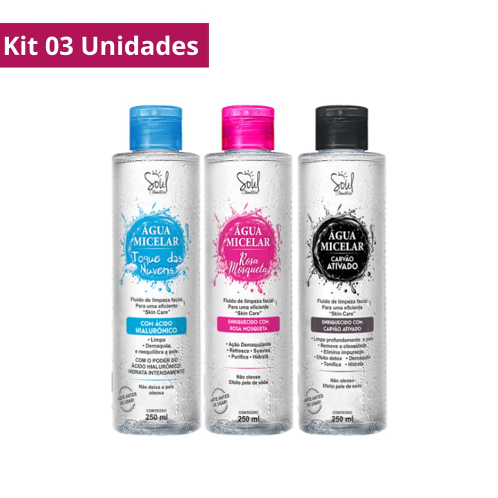 Kit 03 Água Micelar Limpeza Facial 250ml Soul Cosméticos