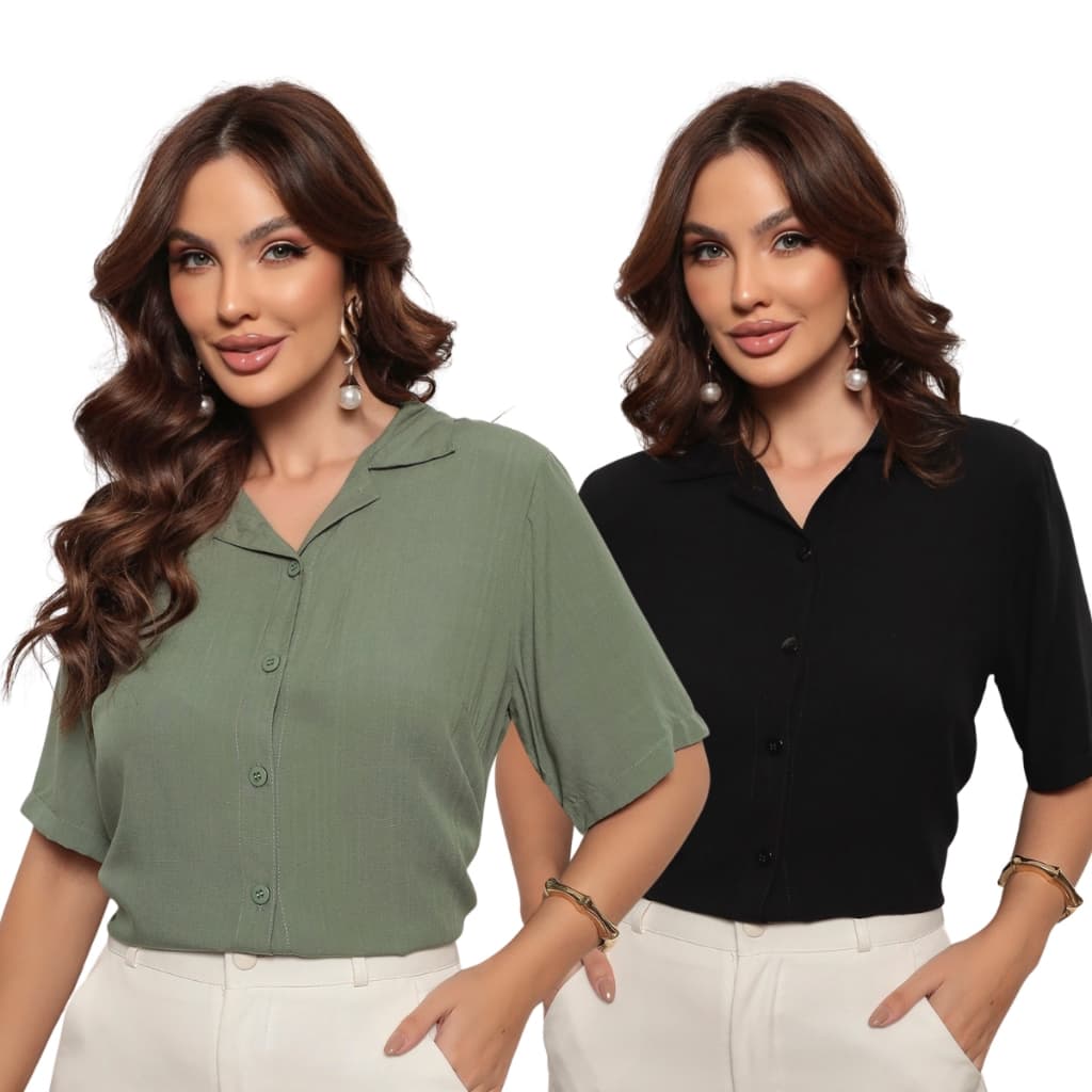 KIT 2 Camisa Feminina Viscolinho Manga Curta Elegante Tecido Fresco e Leve