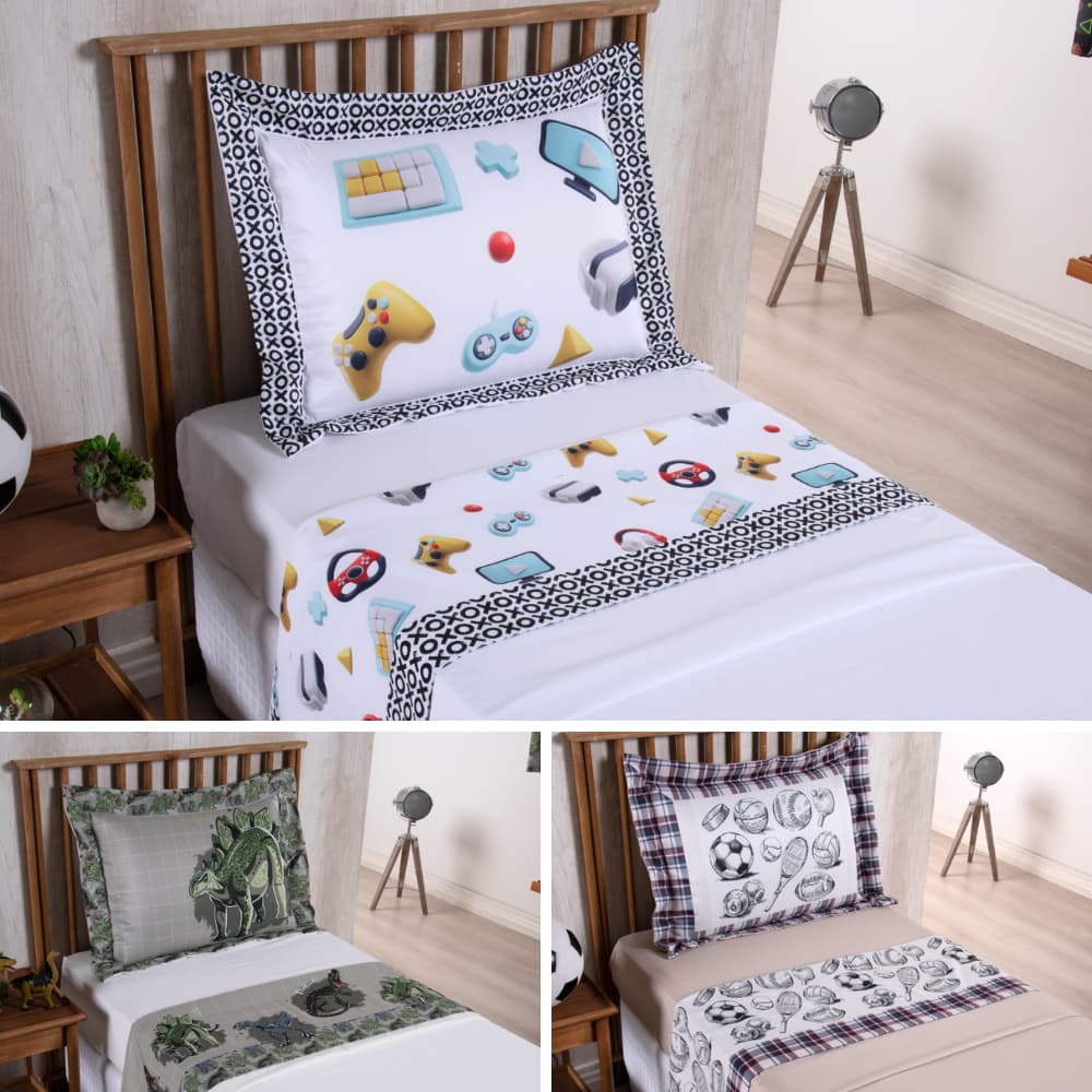 Kit Lençol Solteiro Menino Jogo De Cama Infantil Boy 300 Fios Estampada Digital 3 peças Completo