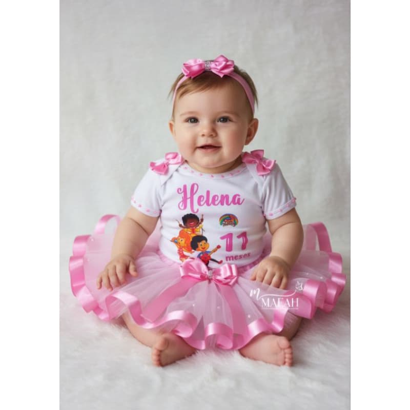 Fantasia três palavrinhas RN ate 4 anos Conjunto completo body personalizado saia de tutu e laço de cabelo infantil