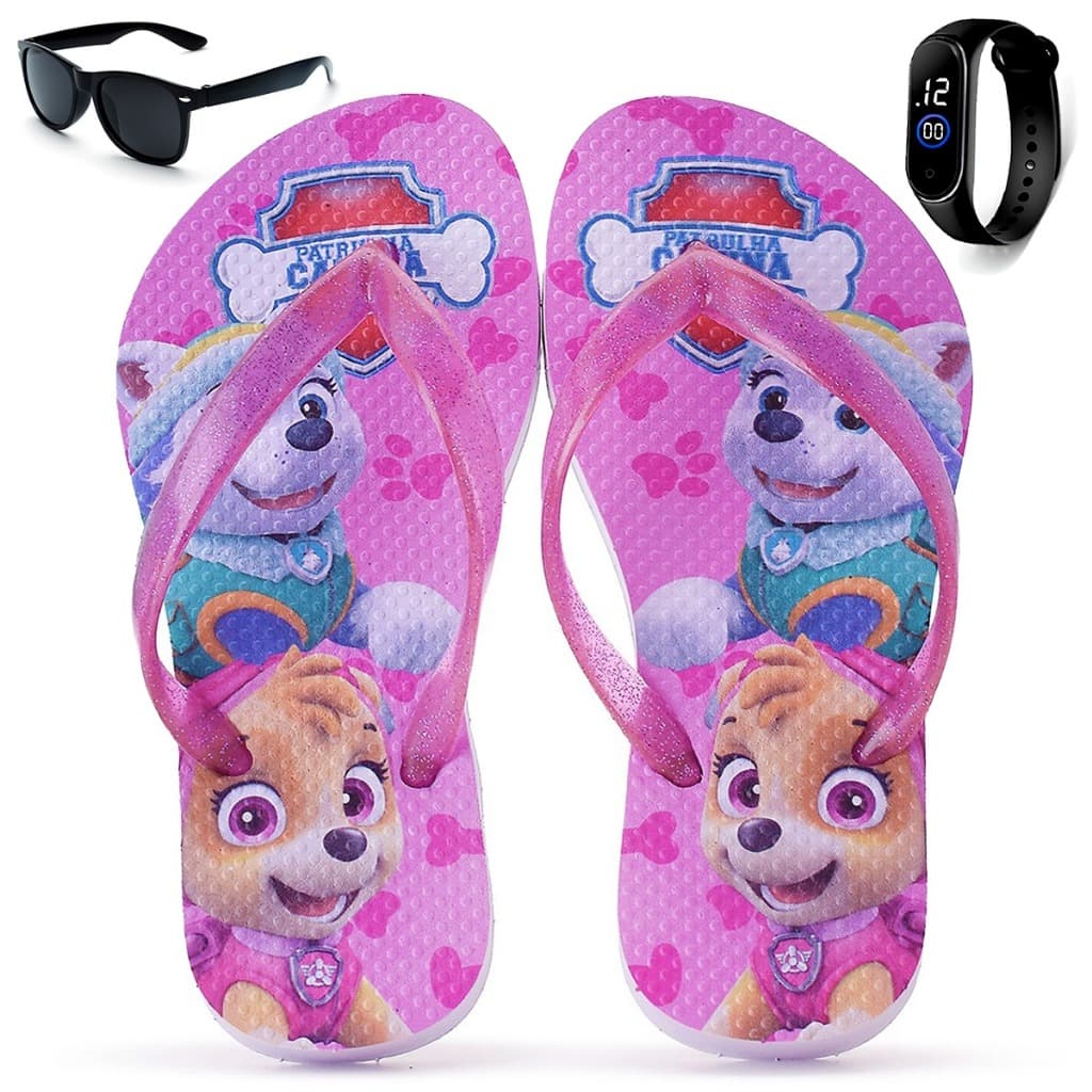 Kit Chinelo Infantil Skye Menina + Óculos + Relógio Digital All Kids