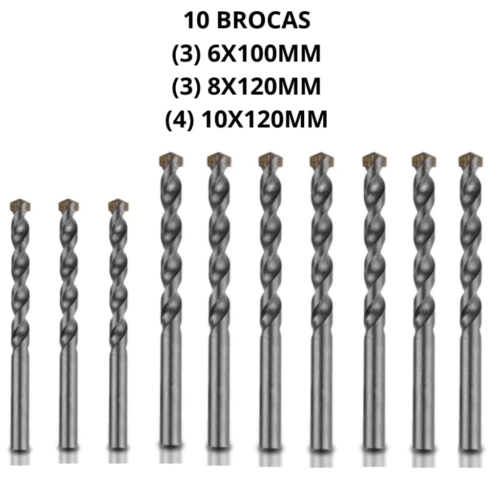 KIT Com 10 Brocas Para Concreto Parede Alvenaria 6/8/10 mm Profissional