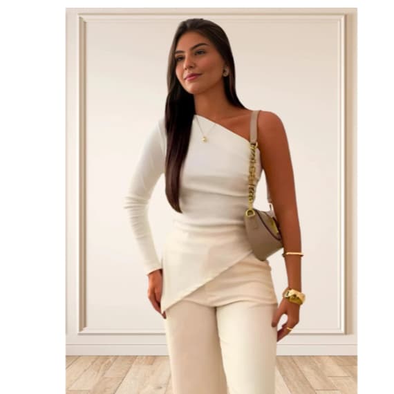 HKX Blusinha  Assimétrica Um Ombro Mula Manca Basica Blusa Ribana Elegante Caimento Manga Longa WN-2251