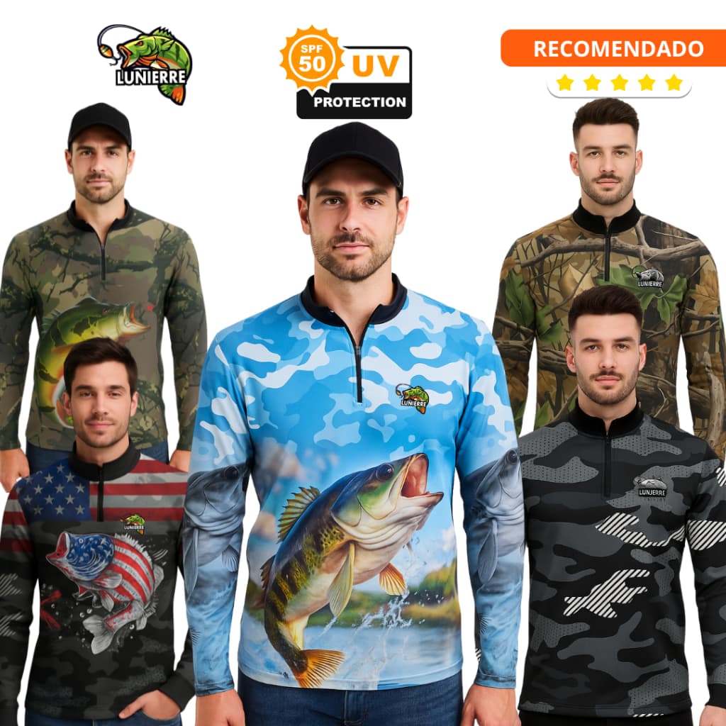 Camisa Camiseta de Pesca  com Ziper e Proteção UV+ UNISEX Malha Dry Premium
