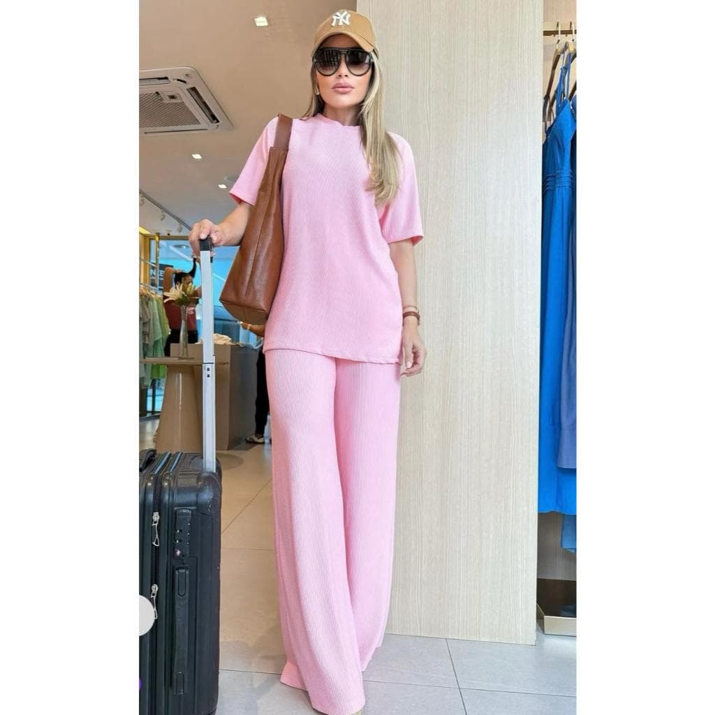 conjunto feminino oversize ana ruga calça pantalona camiseta longa manga curta trico confortavel chic elegante dia a dia