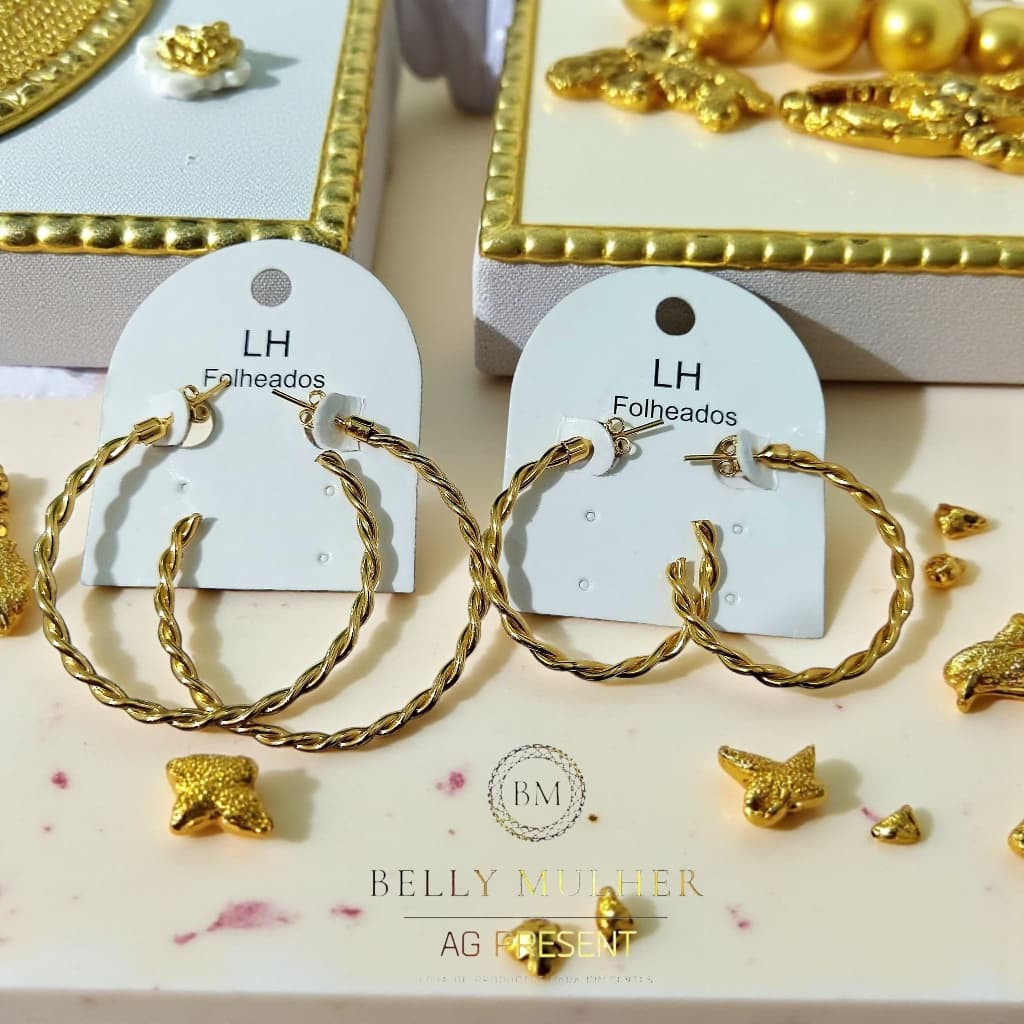 Brinco Argola Torcida Feminina Grande Média Pequena Banhada Ouro 18K Moda Luxo