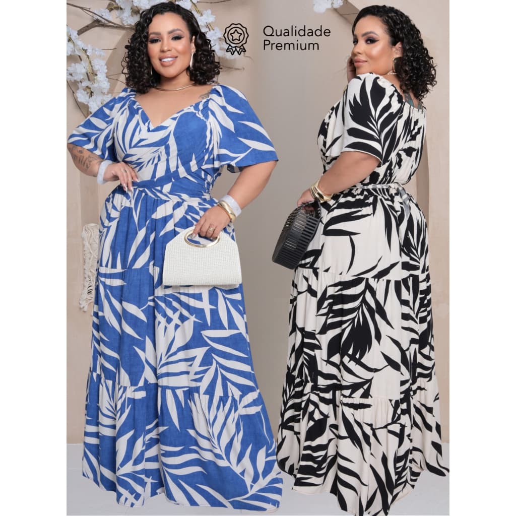 Vestido Plus Size Longo Transpasado Manga Curta Decote V Envio Imediato