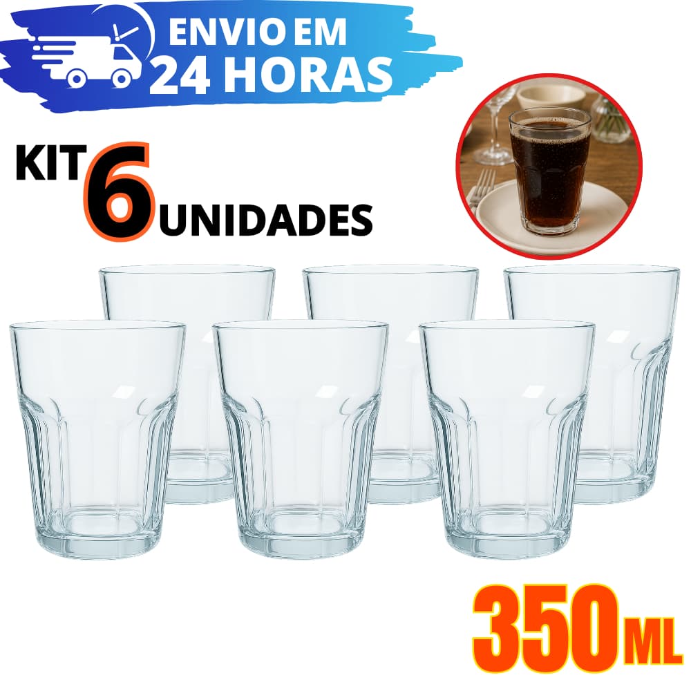 Kit 6 Copos de Vidro RESISTENTE 350ml transparente Vitaminas, Água, Refrigerante