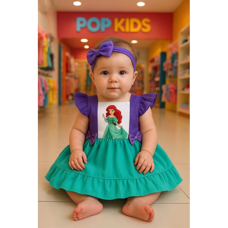 Jardineira Romper vestido salopete Bebê Menina Body Temático Book Festa Mesversário Ariel pequena sereia luxo  princesa
