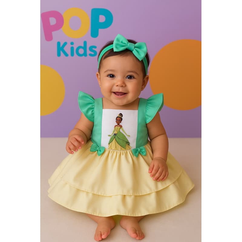 Jardineira Romper vestido salopete Bebê Menina Body Temático Book Festa Mesversário Tiana luxo p/ sua princesa e o sapo